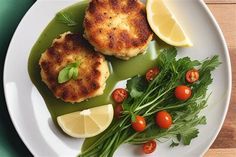 two crab cakes on a white plate with lemon wedges and cherry tomato garnish