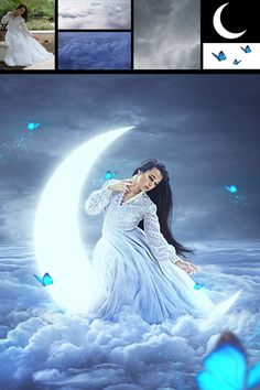 a woman in white dress sitting on the moon with butterflies flying around her, and photoshopped