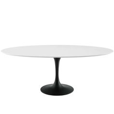 an oval white table with black base on a white background, viewed from the front