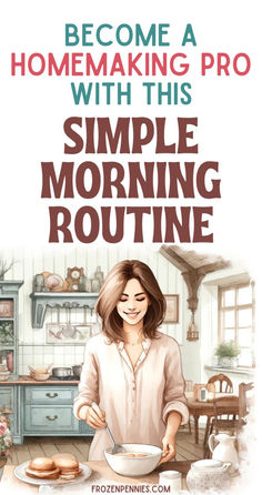 a woman is cooking in the kitchen with text that reads become a homemaking pro with this simple morning routine