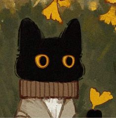 a painting of a black cat wearing a sweater with yellow butterflies in the back ground