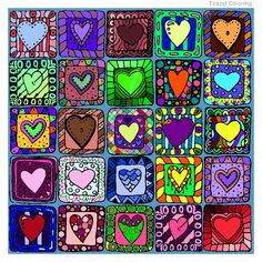 an art project with hearts and squares on the front, as well as other images