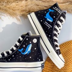 '' Custom Embroidered Converse High Tops, Blue Whale Embroidered Sneakers, Ocean Embroidered Shoes, Moon Star Whale Embroidery Converse Custom, Unique Gifts for Her '' 🍀 Price includes Converse Shoes and Floral Embroidery Designs as shown 🍀 🍀 Shoe Type: Converse 1970s 🍀 Shoe color:3. Black_1970s 1. DETAILS 🍀 You can send me your Converse, Vans, canvas shoes or I can buy them for you. Custom-ordered embroidered Vans and Converse shoes, please wait another 2-4 days. Each pair is hand embroidered to order, please make sure you put in the correct shoe size before you check out. The embroidery is meticulous and does not fade. 🍀 You will receive Vans and Converse shoes with floral embroidery designs as above. 2. PERSONAL EXPRESSION 🍀 Create your unique vibe by your own design of embroider Embroidered Converse High Tops, Embroidery Converse, Converse Embroidery, 1970s Shoes, Embroidered Vans, Whale Embroidery, Cute Converse Shoes, Embroidered Sneakers, Embroidered Converse