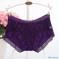 Orcajump - Lace Cotton High-Waisted Thong Panties - Seamless, Sexy, and Transparent Temptation Elegant Purple Brief Bottoms, Deep Purple, High Waisted, Lace, Purple, Fabric, Clothes