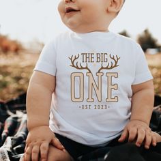 a baby sitting on top of a blanket wearing a white shirt with the words, the big one