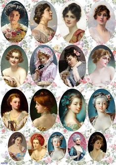 many different pictures of women in dresses and hair with flowers on the wall behind them