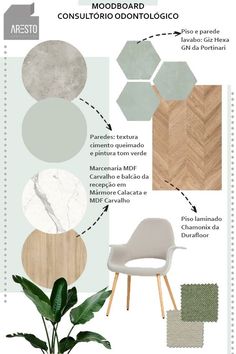 the interior design board with different colors and shapes, including white chairs and green plants