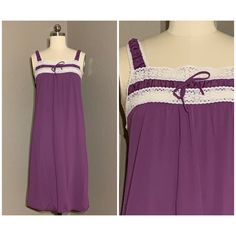 The prettiest little plum purple 1960's nightgown with white lace detailing and pin up style! This sleeveless cutie has ruched one-inch lace-trimmed tank straps with a square neckline and two rows of white lace across the bustline. Dainty tie bow front and center, attached with a small safety pin from the inside. Hemline falls to around the knee on most. Nightgown is made of a lightweight nylon fabric. Made by Glamour Girl, nightgown is labeled a vintage size small. Would best fit a modern women Sleeveless Nightgown, Girl Vintage, Women's Nightgowns, Tie Bow, Lace Bows, Modern Women, Plum Purple, Nightgowns, Pin Up Style