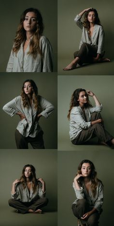 a woman is sitting on the floor with her hands behind her head and posing for pictures