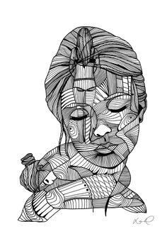 a black and white drawing of a woman's face with lines all over it