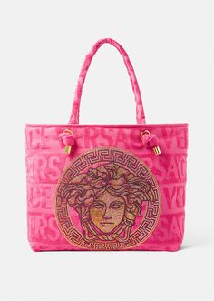 In a terry towelling material, this Versace tote bag features a tonal logo and a crystal-embellished Medusa, ideal for storing beach or pool essentials. Versace Towels, Crystal Icon, Versace Tote Bag, Versace Bathrobe, Pool Essentials, Versace Pink, Beach Clothing, Girly Bags, Versace Bags