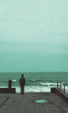 a man standing on top of a pier next to the ocean