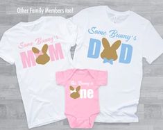 some bunny's mom and dad onesuits are on display with the same shirt