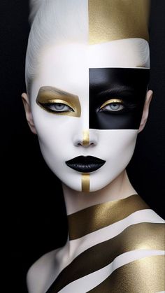 a woman with gold and black makeup on her face