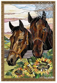 two horses standing next to each other in front of a sunflower and sky background