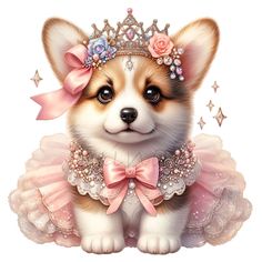 a small dog wearing a tiara with pearls and bows