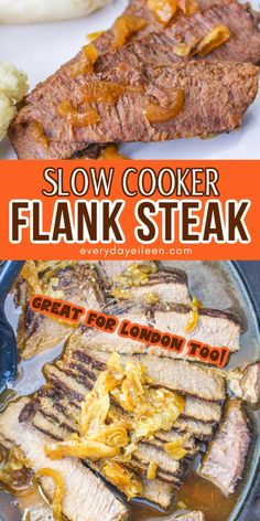 slow cooker flank steak with onions and gravy on the side is shown