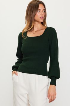 Longsleeve Square Neck Sweater Top – SKIES ARE BLUE Holiday Glam Outfits, Green Sweater Top, Square Neck Sweater, Holiday Outfits Christmas, Night Out Tops, Thick Sweater, Glam Outfit, Puff Sleeve Sweater, Plus Size Cardigans