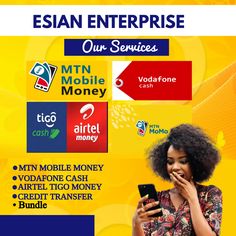 a woman holding a cell phone in her hand and looking at it with the words mobile money