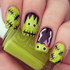 Goblin Nails Frankenstein Nails, Cotton Candy Nails, Black Halloween Nails, Holloween Nails, Cute Halloween Nails, Holiday Nail Art, Halloween Nail Designs, Fall Nail Art, Halloween Nail Art