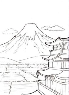 a black and white drawing of a mountain with pagodas in the foreground,