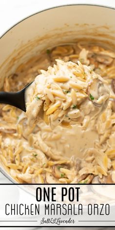 one pot chicken marsala orzo in a skillet with a spoon