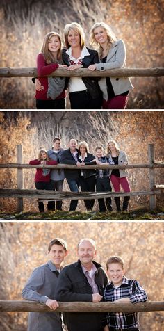 three pictures of people standing behind a fence with their arms around each other and smiling at the camera