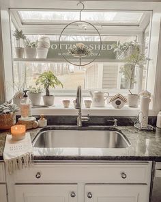 a kitchen sink under a window filled with plants