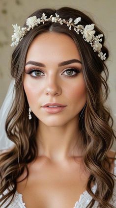 a woman wearing a bridal headpiece with flowers and pearls on her hair is looking at the camera