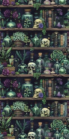 a shelf filled with lots of different types of vases and skulls on top of books