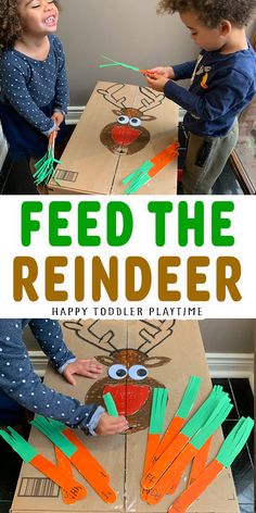 two children are playing with paper and scissors to make a cardboard reindeer craft for the holiday season