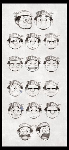 an animation character's face and various facial expressions