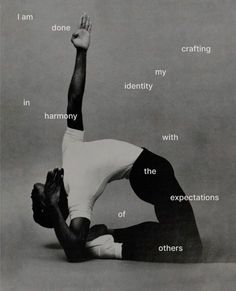 a man doing a yoga pose with words written on the side of his body and hands above his head