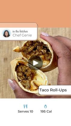 a person is holding a taco roll up with meat in it and the recipe below