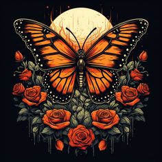 an orange butterfly sitting on top of some red roses with the moon in the background