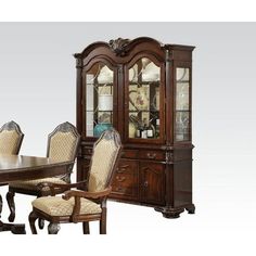 a formal dining room set with china cabinet and sideboard in dark brown wood finish