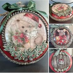 four different pictures of christmas ornaments with animals on them