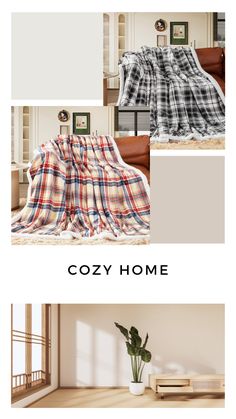 three different pictures with the words cozy home in black, white and red colors on them