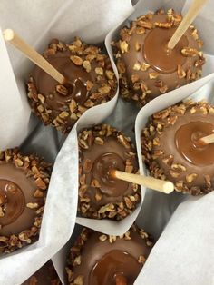 chocolate covered desserts in paper wrappers with wooden sticks sticking out of the top