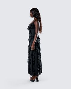 Looking this good is bound to ruffle some feathers 😌 Crafted from georgette fabric and complete with cascading ruffles and a low back, this dress is the perfect elevated and classy fit 🖤 Black Maxi Dress With Ruffles, Elegant Black Maxi Dress With Ruffled Straps, Flowy Black Maxi Dress With Ruffles, Luxury Black Maxi Dress With Ruffles, Luxury Black Ruffle Dress, Ruffle Maxi Dress, Classy Fits, Black Off Shoulder, Cascading Ruffles