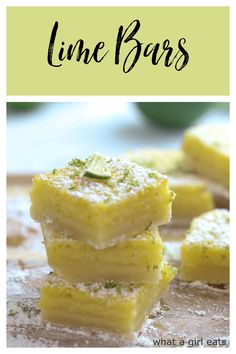 lemon bars stacked on top of each other with the words lime bars in front of them