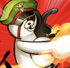 a cartoon penguin wearing a baseball cap and holding a fire extinguisher in his right hand