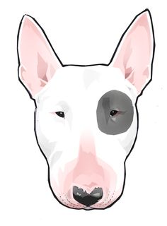 a drawing of a white dog's face with black spots on its eyes and nose