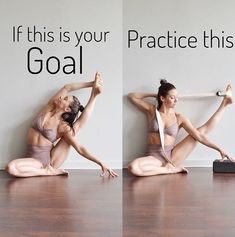 two pictures of a woman sitting on the floor with her arms in the air while holding a yoga mat