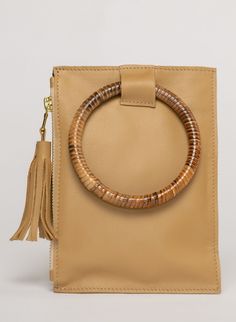 Beau & Ro Wristlet Saddle / One Size The Bamboo Ring Wristlet | Saddle Leather Top Handle Clutch For Mobile Phone, Beige Leather Clutch With Mobile Phone Bag, Beige Leather Mobile Phone Clutch, Handheld Leather Clutch For On-the-go, Leather Handheld Clutch For On-the-go, Beige Leather Handheld Clutch, Beige Leather Clutch With Detachable Handle, Leather Clutch With Detachable Round Handle, Leather Clutch Pouch With Detachable Handle