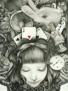 a drawing of a girl with her eyes closed and the words alice wonderland on it