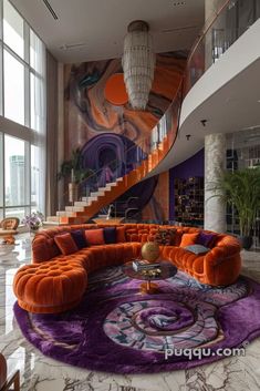 an orange and purple couch sitting in front of a spiral stair case on top of a marble floor