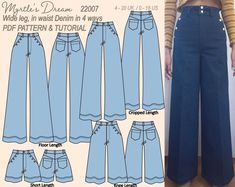 Pattern. Classic wide leg, in waist Denim trouser, in floor, cropped, knee and short length. Sizes 4-20 UK. Intermediate sewing project. Pants Sewing, Sewing Projects Clothes, Cute Sewing Projects, Everyday Pants, Make Your Own Clothes, Diy Sewing Clothes