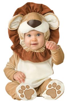 a baby in a lion costume sitting on the ground