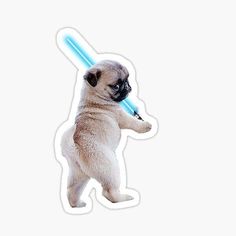 a pug dog with a blue light saber in its mouth sticker on a white background